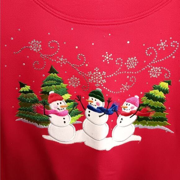 EUC Trilllogy XL Red Snowmen Winter Applique Rhinestone Sweatshirt - Picture 2 of 4